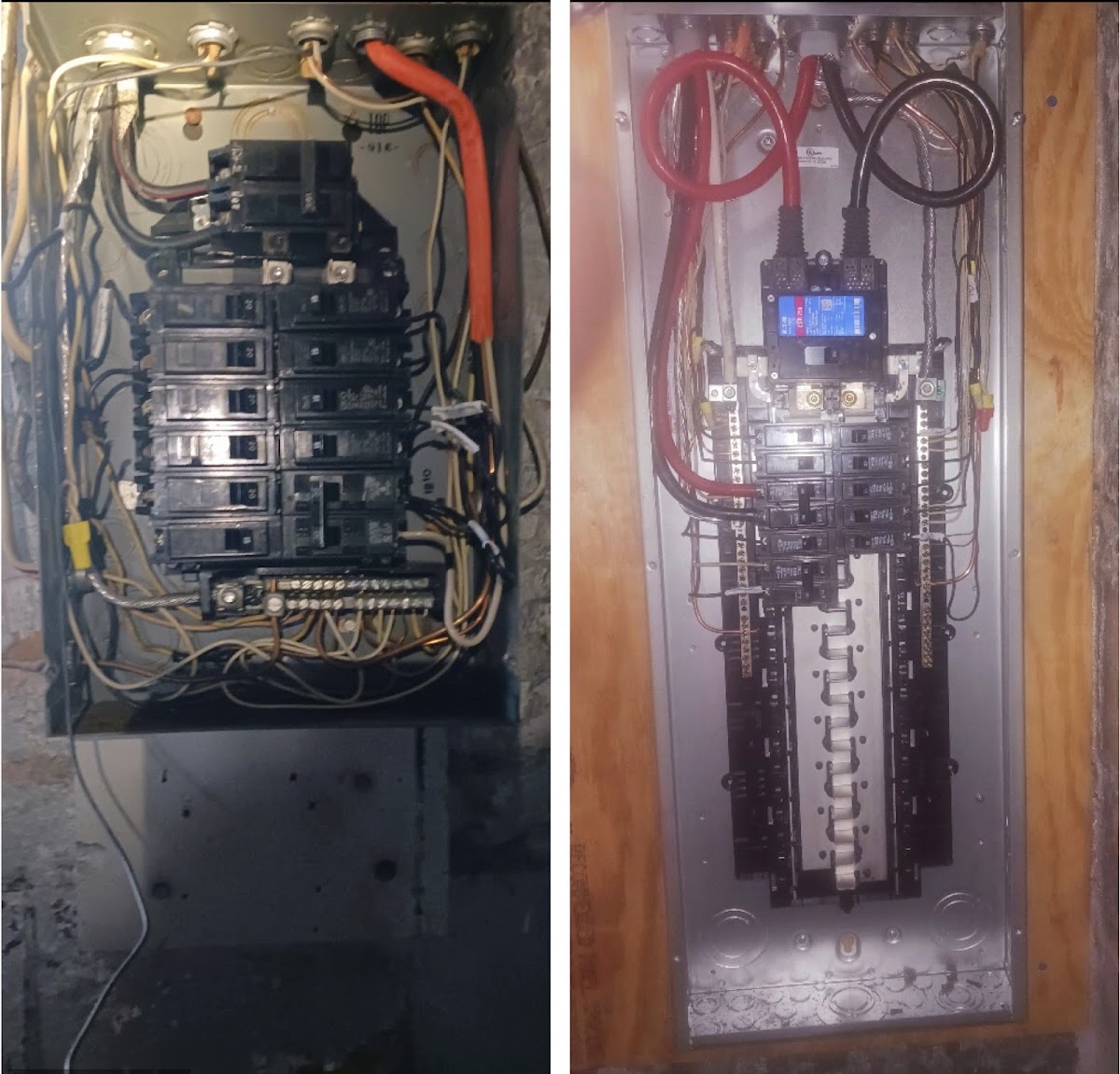 Before and after: an old fuse-style panel replaced with a new, clean breaker panel install